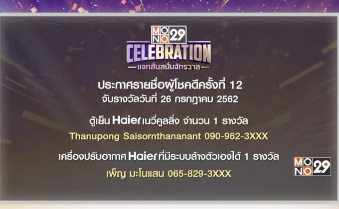 ประกาศผลผู้โชคดีกิจกรรม “Mono29 Celebration” ครั้งที่ 12