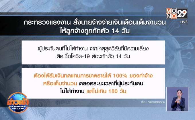แรงงาน สั่งนายจ้างจ่ายเงินเดือนเต็มจำนวนให้ลูกจ้างถูกกักตัว 14 วัน