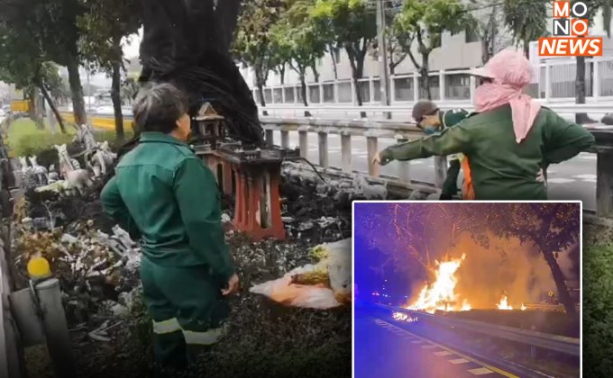 ไฟไหม้ “ศาลพระภูมิโค้ง 100 ศพ รัชดา” คาดเกิดจากธูปเทียนที่นำมาจุดบูชาล้ม