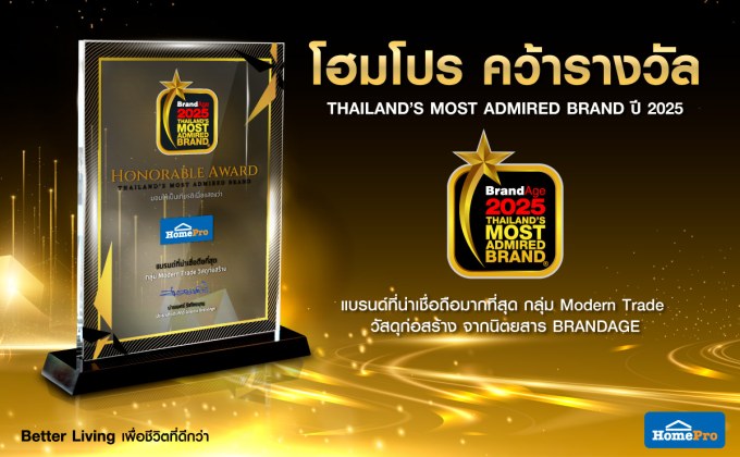 ค้าปลีกเรื่องบ้านที่ผู้บริโภคเชื่อมั่น! “โฮมโปร” คว้ารางวัล “2025 Thailand’s Most Admired Brand” แบรนด์ที่น่าเชื่อถือและได้รับความไว้วางใจสูงสุด ในกลุ่ม Modern Trade วัสดุก่อสร้าง