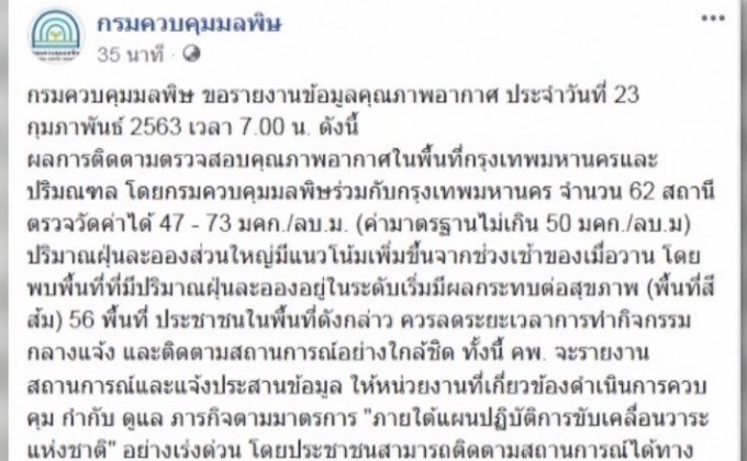 ค่าฝุ่น PM2.5 กทม.-ปริมณฑล พุ่งเกินมาตรฐาน 56 พื้นที่