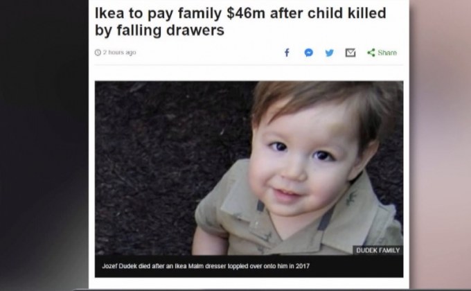 “อิเกีย” ชดใช้ 1,300 ล้าน เด็กถูกตู้ลิ้นชักล้มทับเสียชีวิต