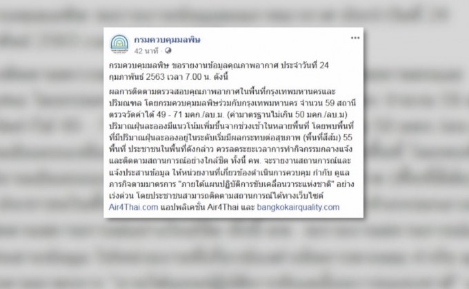 ค่าฝุ่น PM2.5 กทม.-ปริมณฑล พุ่งเกินมาตรฐาน 55 พื้นที่