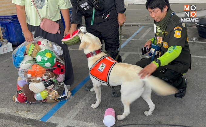 สั่นหางดุ๊กดิ๊ก! “สีนวล” สุนัข K-9 ดีใจ กู้ภัยนำตุ๊กตามาบริจาค