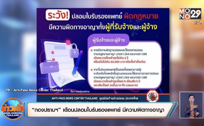 “กองปราบฯ” เตือนปลอมใบรับรองแพทย์ มีความผิดทางอาญา