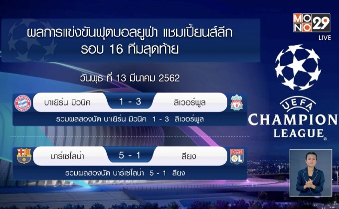 ผลการแข่งขันฟุตบอลยูฟ่า แชมเปี้ยนส์ลีก รอบ 16 ทีมสุดท้าย