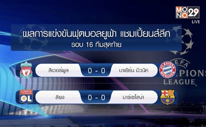 ผลการแข่งขันฟุตบอลยูฟ่า แชมเปี้ยนส์ลีก รอบ 16 ทีมสุดท้าย นัดแรก