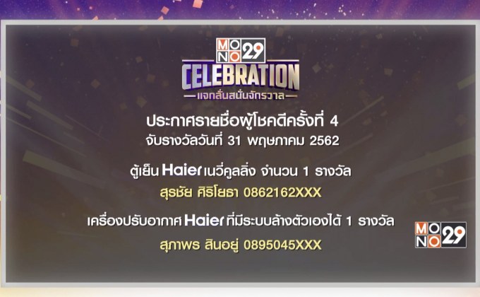 ประกาศผลผู้โชคดีกิจกรรม “Mono29 Celebration” ครั้งที่ 4