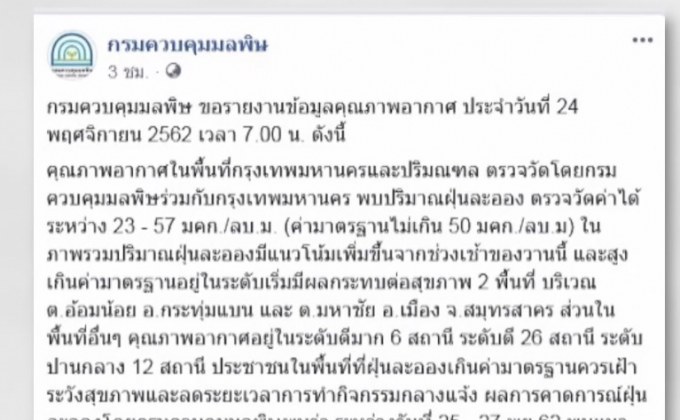 คาดฝุ่น PM 2.5 พื้นที่ กทม.กลับมาอีกระลอกช่วง 27 พ.ย.
