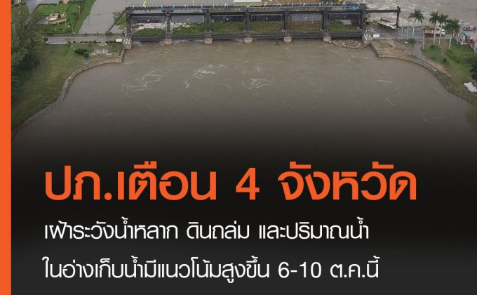 ปภ. แจ้งเตือน 4 จังหวัดเฝ้าระวังน้ำหลาก ดินถล่ม  ช่วง 6-10 ต.ค.นี้