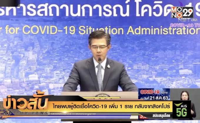 ไทยพบผู้ติดเชื้อโควิด-19 เพิ่ม 1 ราย กลับจากสิงคโปร์
