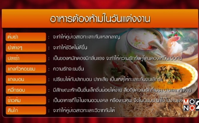 อาหารมงคล และ อาหารต้องห้ามในวันแต่งงาน