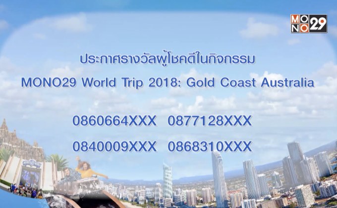 ประกาศผู้โชคดี “Mono29 World Trip 2018: Gold Coast Australia”