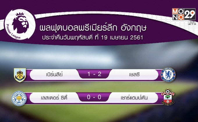 ผลฟุตบอลพรีเมียร์ลีก นัดกลางสัปดาห์