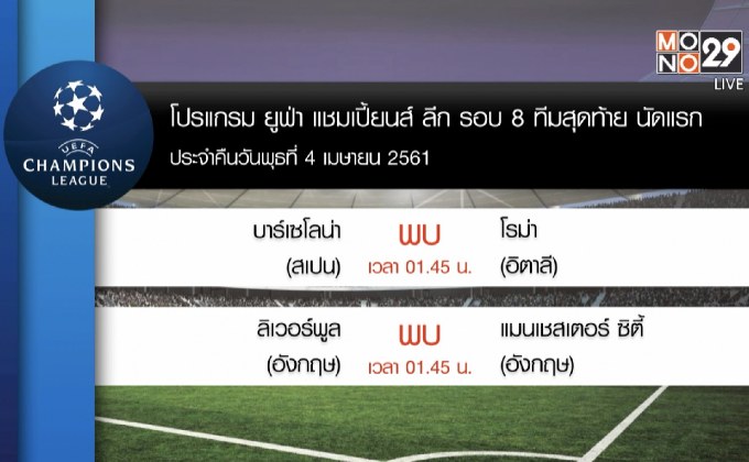 ผลฟุตบอลยูฟ่า แชมเปี้ยนส์ ลีก รอบ 8 ทีมนัดแรก