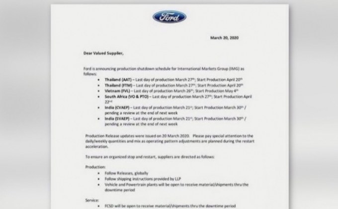 “ฟอร์ด” สั่งระงับผลิต ในไทย-ต่างประเทศชั่วคราว