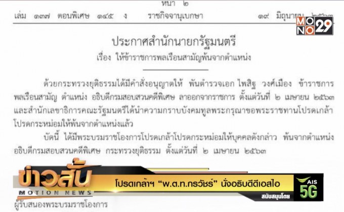 โปรดเกล้าฯ “พ.ต.ท.กรวัชร์” นั่งอธิบดีดีเอสไอ