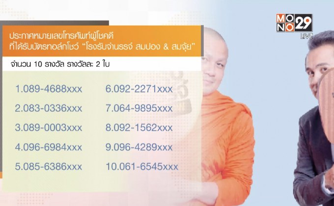 ประกาศผู้โชคดีที่ได้รับบัตรทอล์กโชว์ “โรงรับจำนรรจ์ สมปอง & สมจุ้ย”