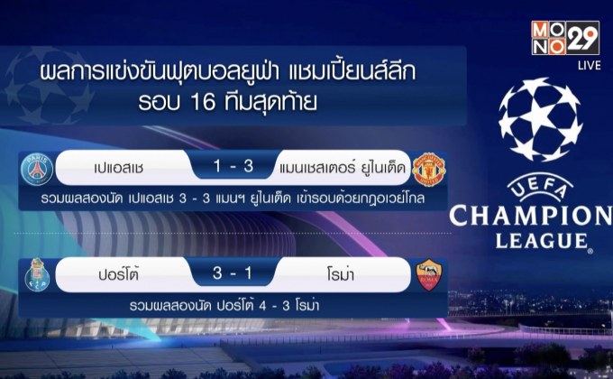 ผลการแข่งขันฟุตบอลยูฟ่า แชมเปี้ยนส์ลีก รอบ 16 ทีมสุดท้าย