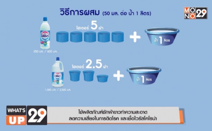 ใช้ผลิตภัณฑ์ซักผ้าขาวทำความสะอาด  ลดความเสี่ยงในการติดโรค และเชื้อไวรัสโคโรน่า