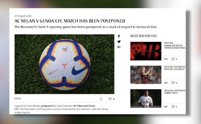 ลีกอิตาลี เลื่อนแข่ง 2 คู่ เหตุสะพานถล่มที่เจนัว