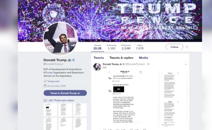 “ทรัมป์ จูเนียร์” เผยข้อความจาก “วิกิลีกส์” ขณะหาเสียง