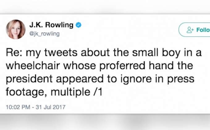 เจ.เค. โรว์ลิ่ง” ขอโทษ หลังตำหนิ “ทรัมป์” ไม่จับมือเด็กชายพิการ