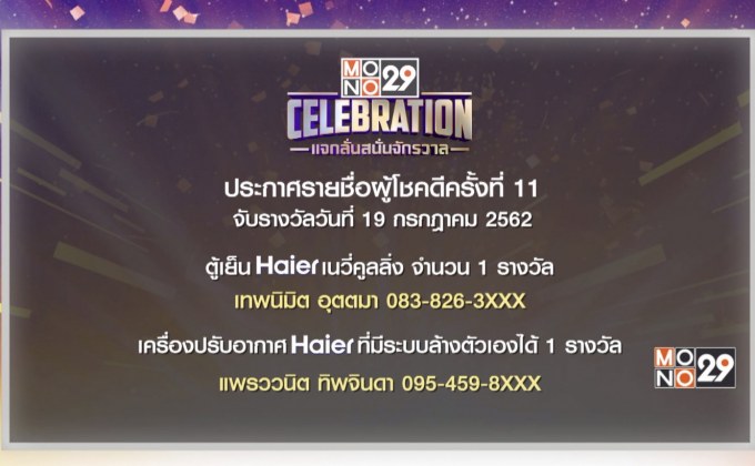 ประกาศผลผู้โชคดีกิจกรรม “Mono29 Celebration” ครั้งที่ 11