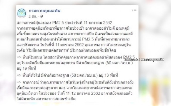 กทม.-ปริมณฑล มีค่าฝุ่นละอองเกินค่ามาตรฐาน