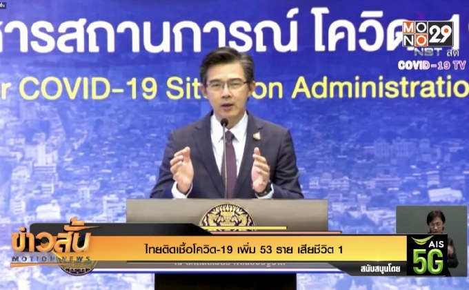 ไทยติดเชื้อโควิด-19 เพิ่ม 53 ราย เสียชีวิต 1