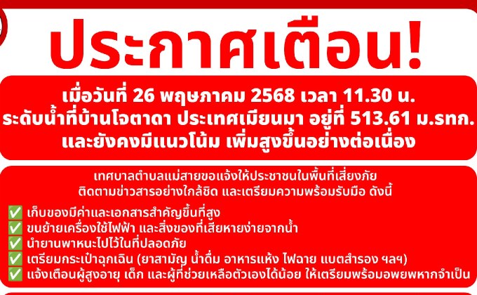 ชาวแม่สายเตรียมรับมือน้ำท่วม! หลังระดับน้ำที่บ้านโจตาดา ยังคงมีแนวโน้มเพิ่มสูงขึ้นอย่างต่อเนื่อง