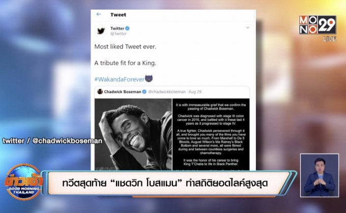 ​ทวีตสุดท้าย “แชดวิก โบสแมน” ทำสถิติยอดไลค์สูงสุด