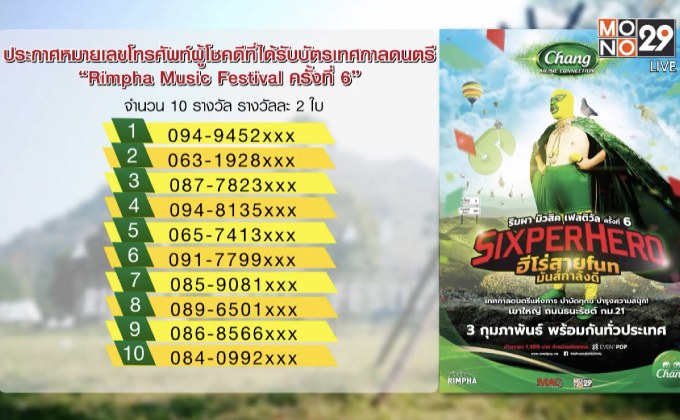 ประกาศผู้โชคดีที่ได้รับบัตรเทศกาลดนตรี “Rimpha Music Festival ครั้งที่ 6”