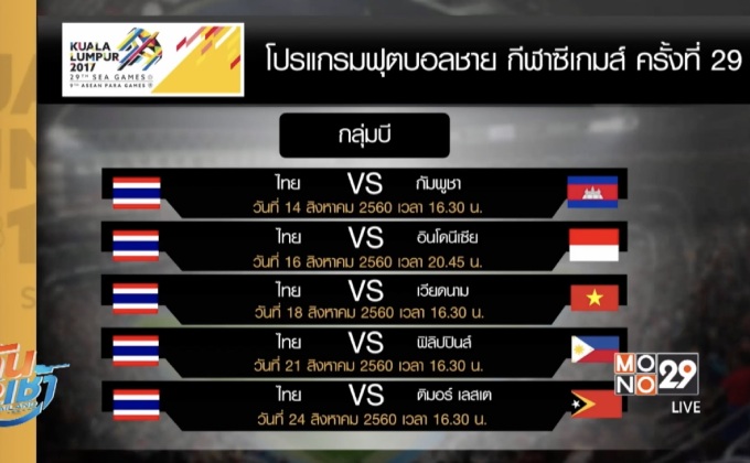 ฟุตบอลชายไทยประเดิมซีเกมส์ชนกัมพูชา