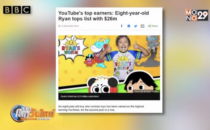 เด็ก 8 ขวบรักษาแชมป์ทำเงินบน “ยูทูบ” มากสุด