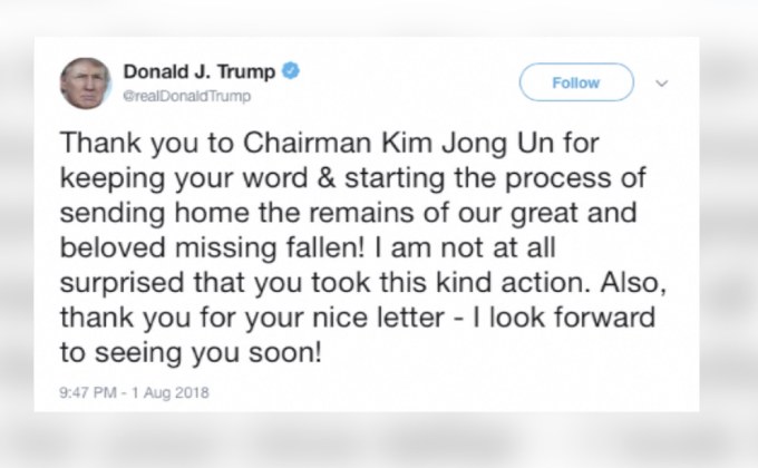 “ทรัมป์” ขอบคุณ “คิม” ส่งคืนศพทหารสหรัฐฯยุคสงครามเกาหลี