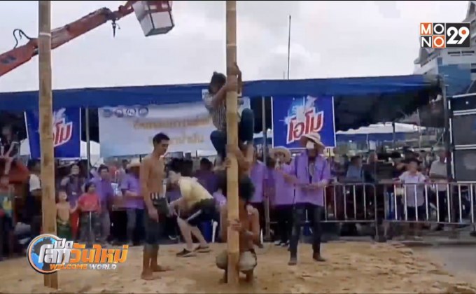 เฮฮา แข่งขันกีฬาปีนเสาน้ำมันเก็บเงิน