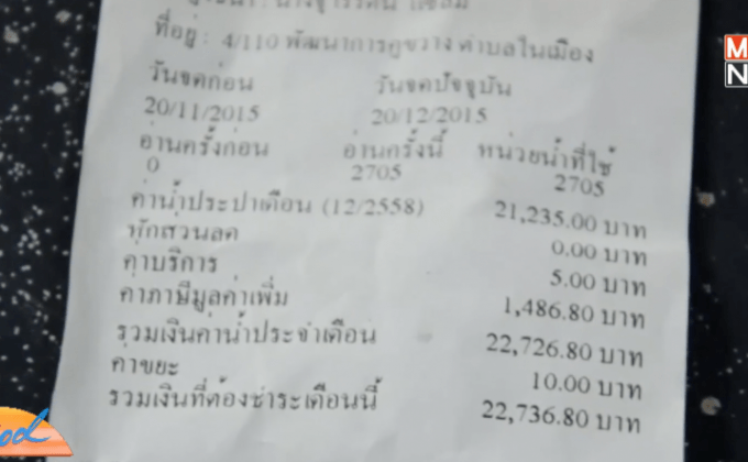 ช็อก! บิลค่าน้ำ 2 หมื่นกว่าบาท