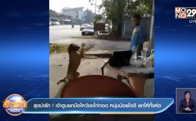 สุดน่ารัก ! เจ้าตูบยกมือไหว้ขอไก่ทอด หนุ่มน้อยใจดี ยกให้ทั้งห่อ