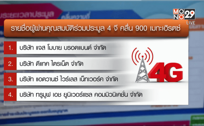 ไฟเขียว 4 รายชื่อผ่านคุณสมบัติประมูล 4 จี