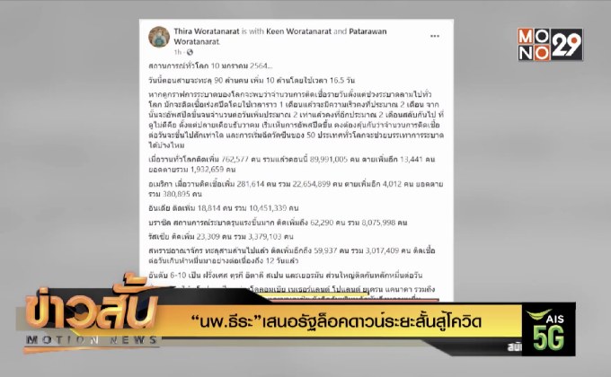 “นพ.ธีระ”เสนอรัฐล็อคดาวน์ระยะสั้นสู้โควิด