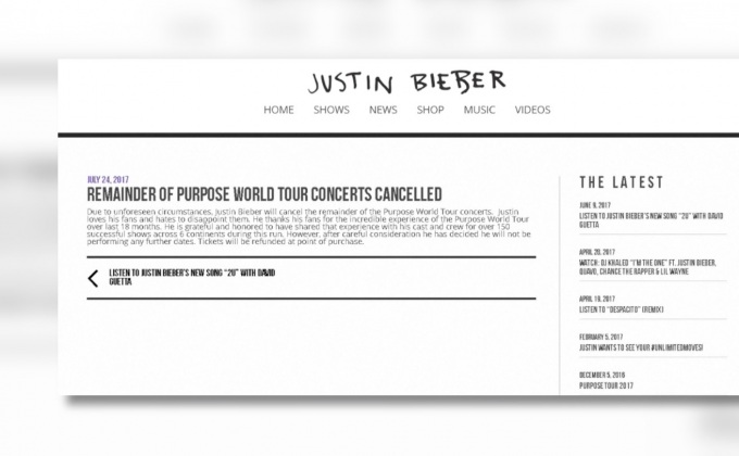 “จัสติน บีเบอร์” ยกเลิกคอนเสิร์ตรอบโลก