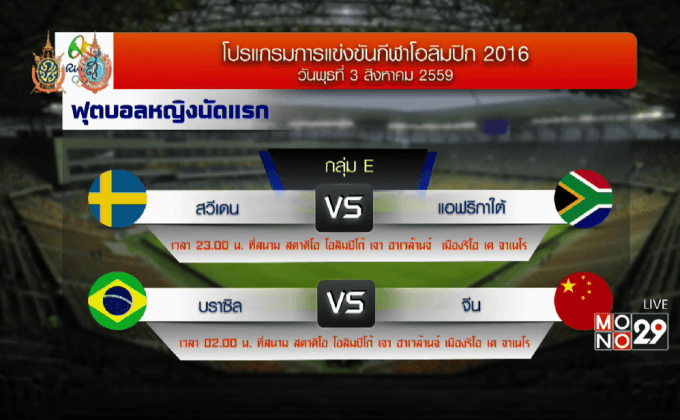 บอลหญิง “ริโอเกมส์” ประเดิมคิกออฟ 3 สิงหาคม